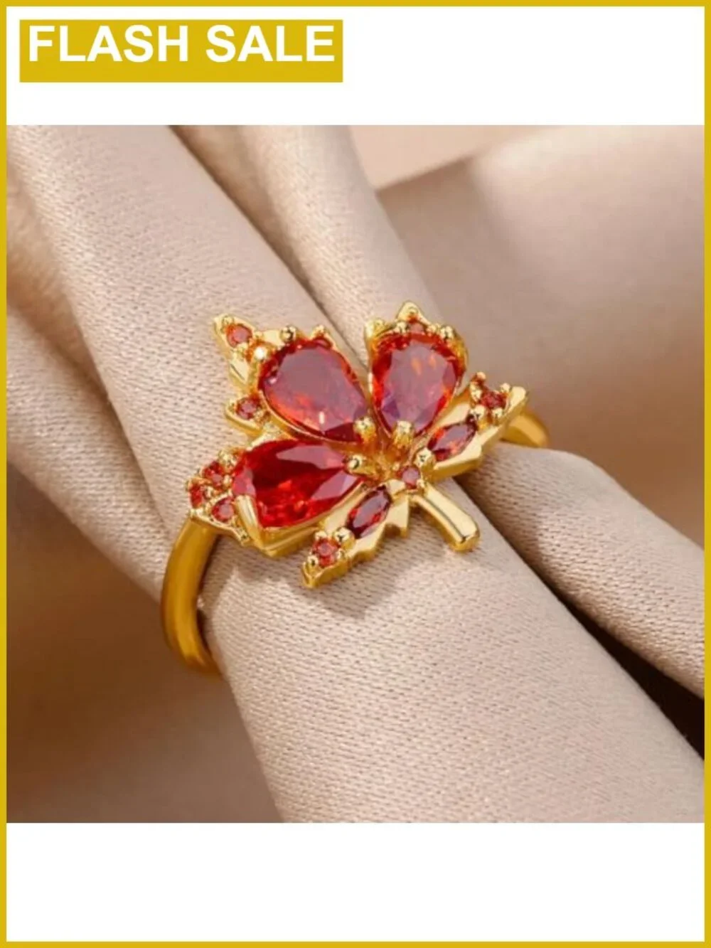 Cubic Zirconia Maple Leaf Open Ring Adjustable Wrap Band Women Dainty